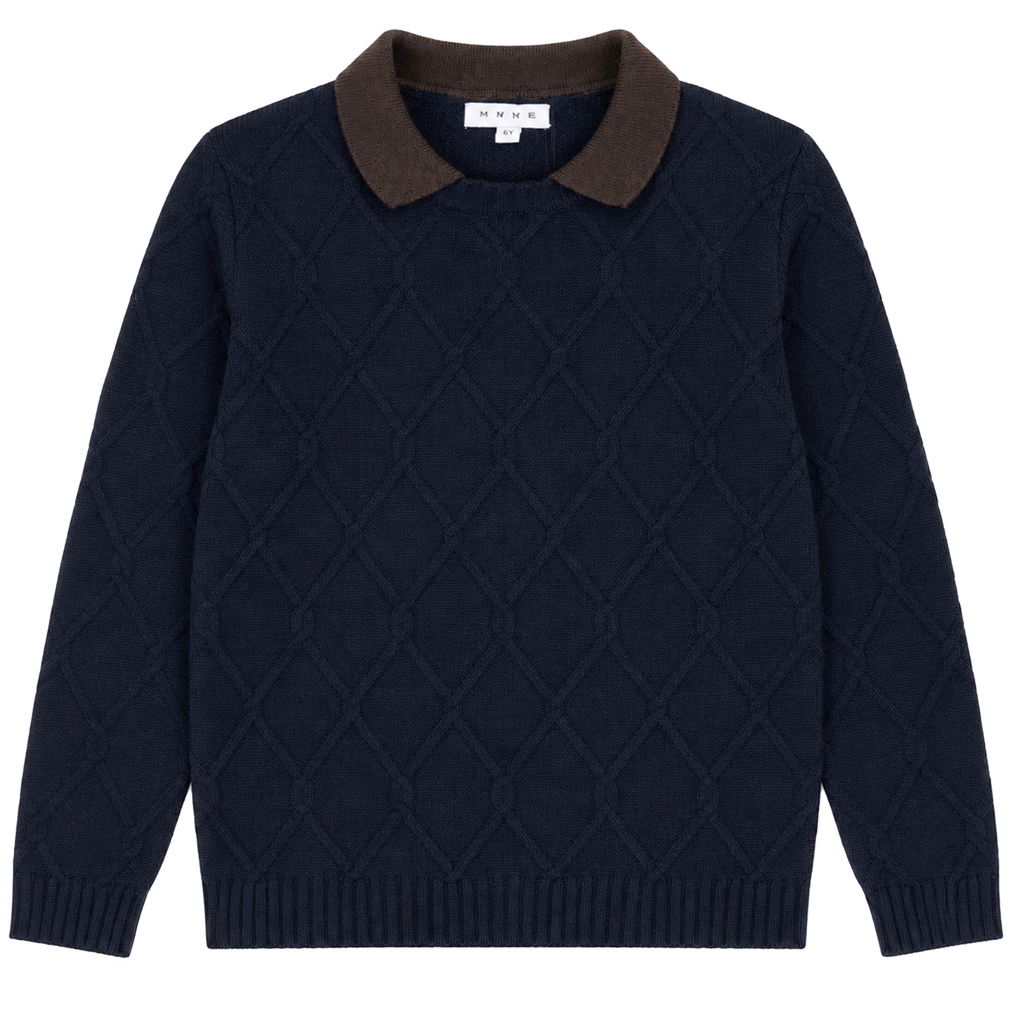MANN NAVY ARGYLE CABLE KNIT CONTRAST COLLAR SWEATER