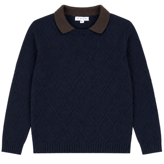 MANN NAVY ARGYLE CABLE KNIT CONTRAST COLLAR SWEATER