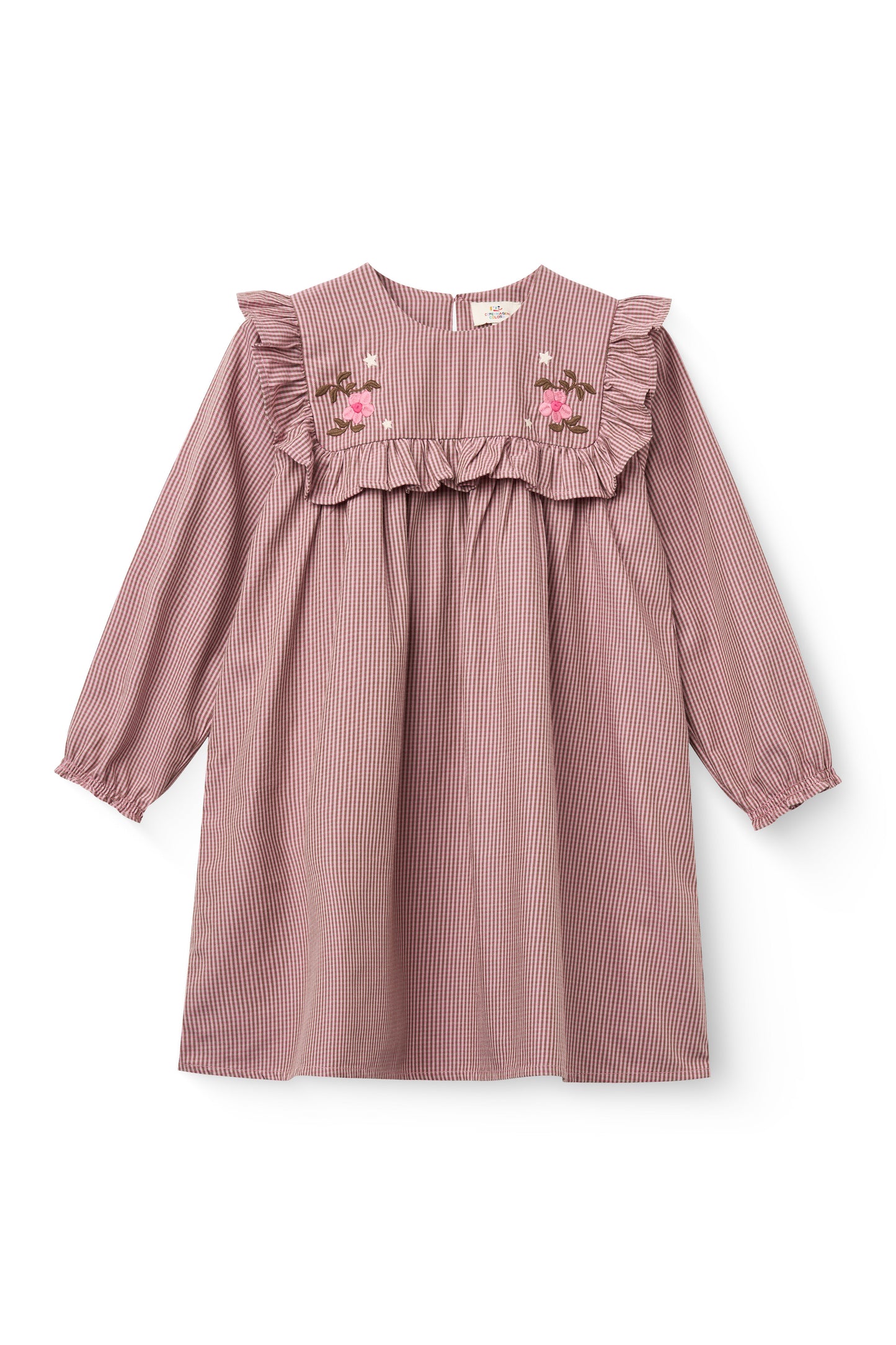 COPENHAGEN COLOR DUSTY ROSE CHECKERED EMBROIDERED RUFFLE DRESS