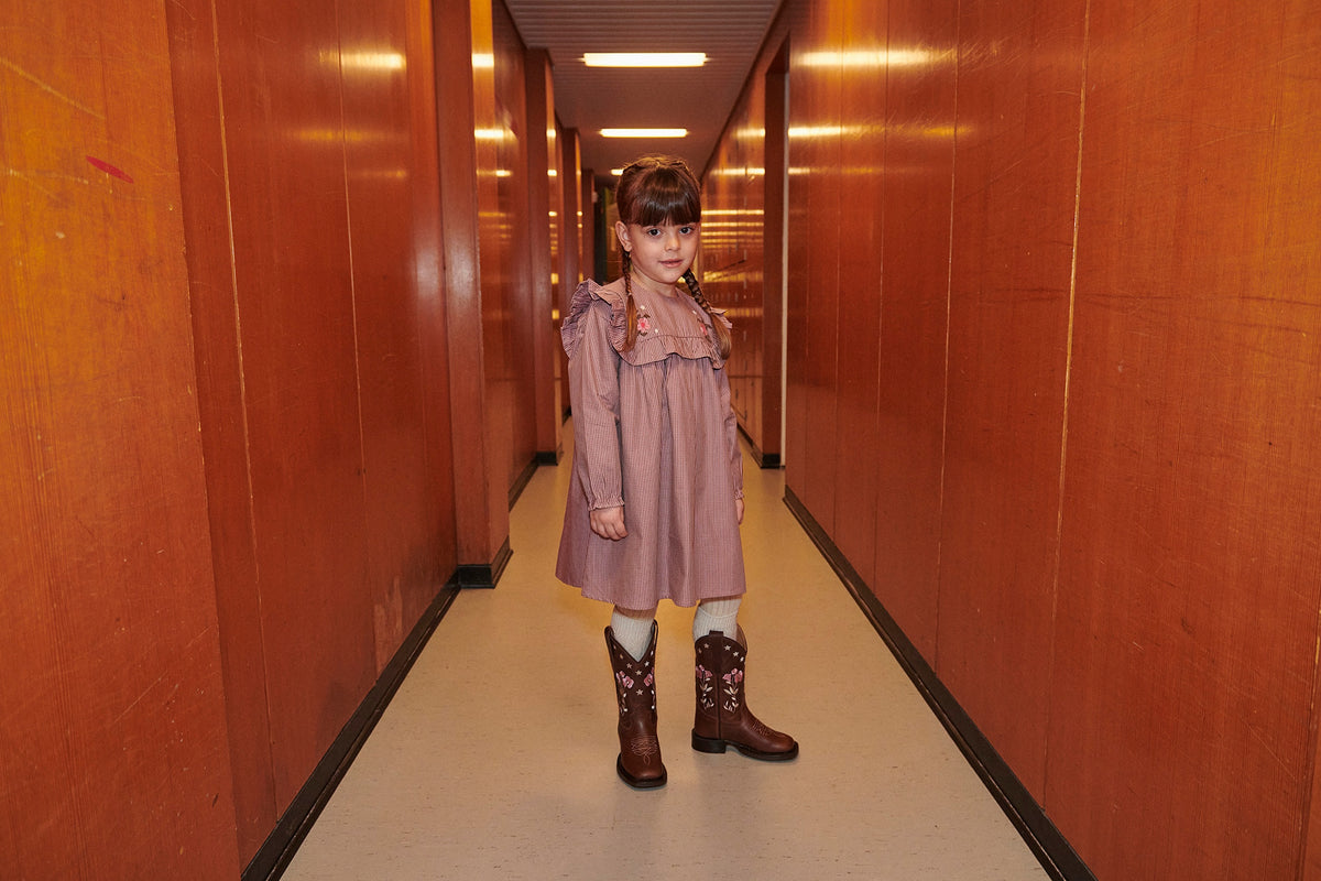 COPENHAGEN COLOR DUSTY ROSE CHECKERED EMBROIDERED RUFFLE DRESS