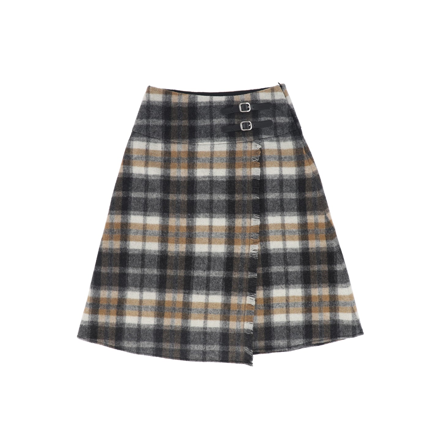 OLIVIA ROHDE GREY PLAID DOUBLE BUCKLE WOOL SKIRT