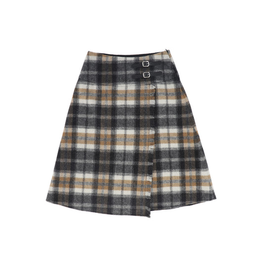 OLIVIA ROHDE GREY PLAID DOUBLE BUCKLE WOOL SKIRT