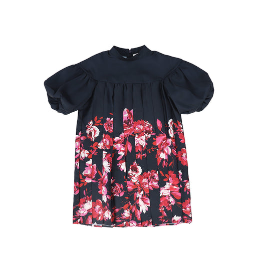 CHRISTINA ROHDE BLACK/HOT PINK FLOWER PUFF SLEEVE DRESS