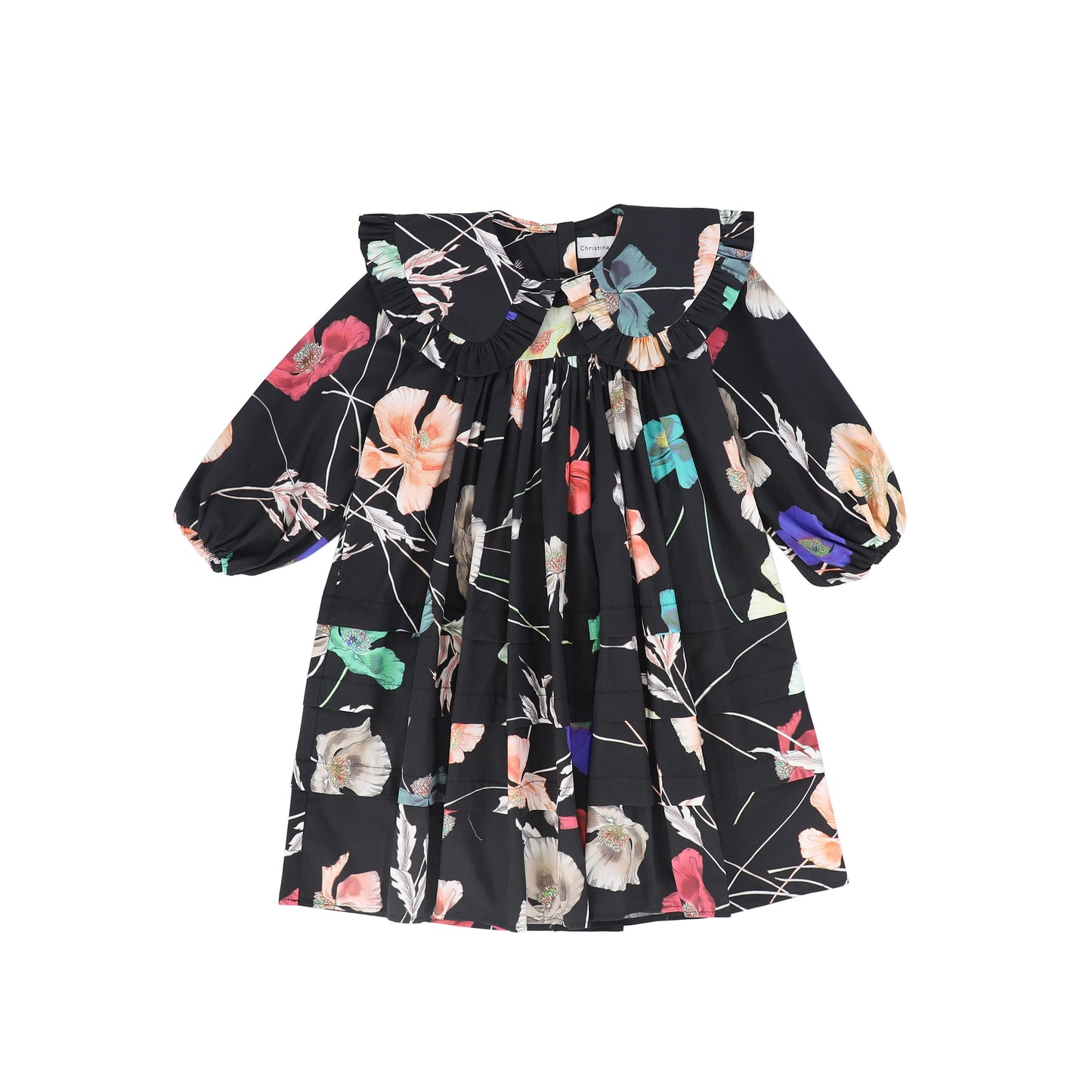 CHRISTINA ROHDE BLACK/TEAL FLORAL LAYERED COLLAR DRESS