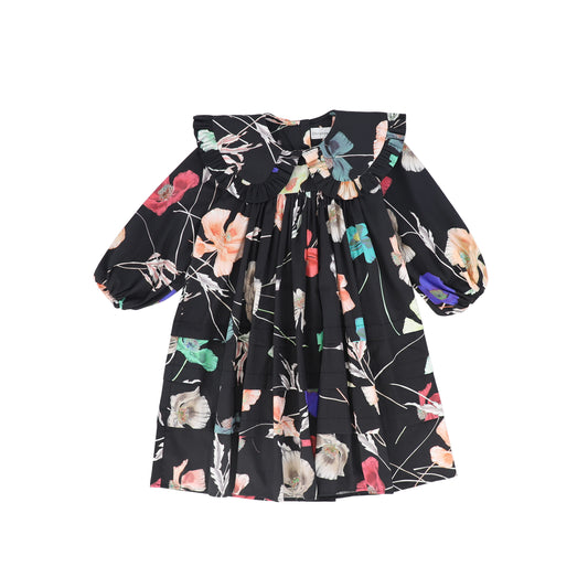 CHRISTINA ROHDE BLACK/TEAL FLORAL LAYERED COLLAR DRESS