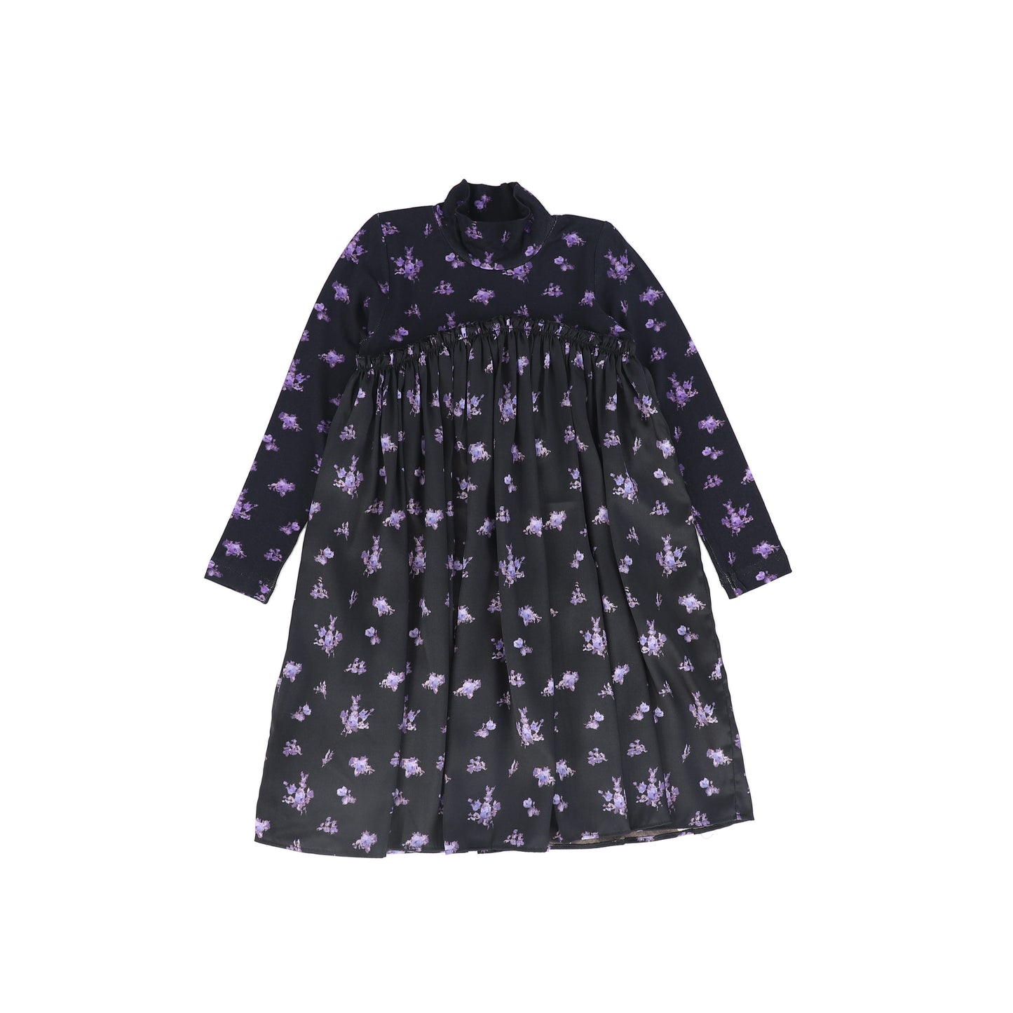 CHRISTINA ROHDE BLACK/PURPLE FLORAL RUFFLE TRIM DRESS