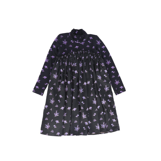 CHRISTINA ROHDE BLACK/PURPLE FLORAL RUFFLE TRIM DRESS