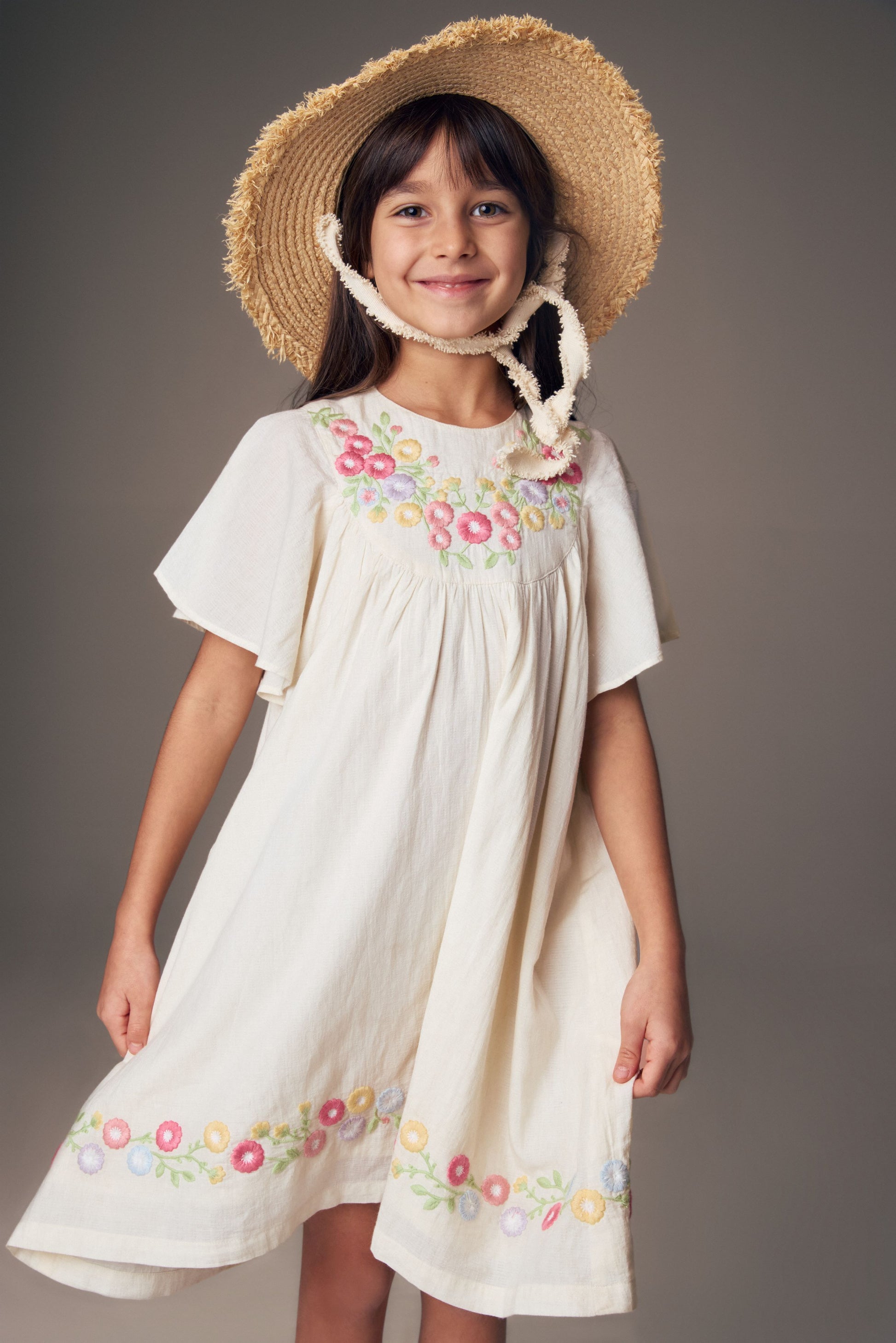embroidered dress flowers Beige Flower Embroidered Dress