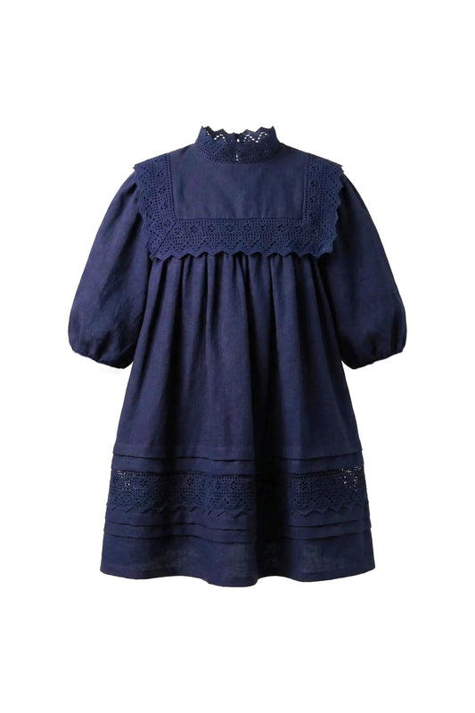 PERNILLE NAVY LACE TRIM BIB COLLAR DRESS