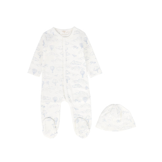 KIPP BLUE CLOUD PRINT TERRY FOOTIE + BEANIE