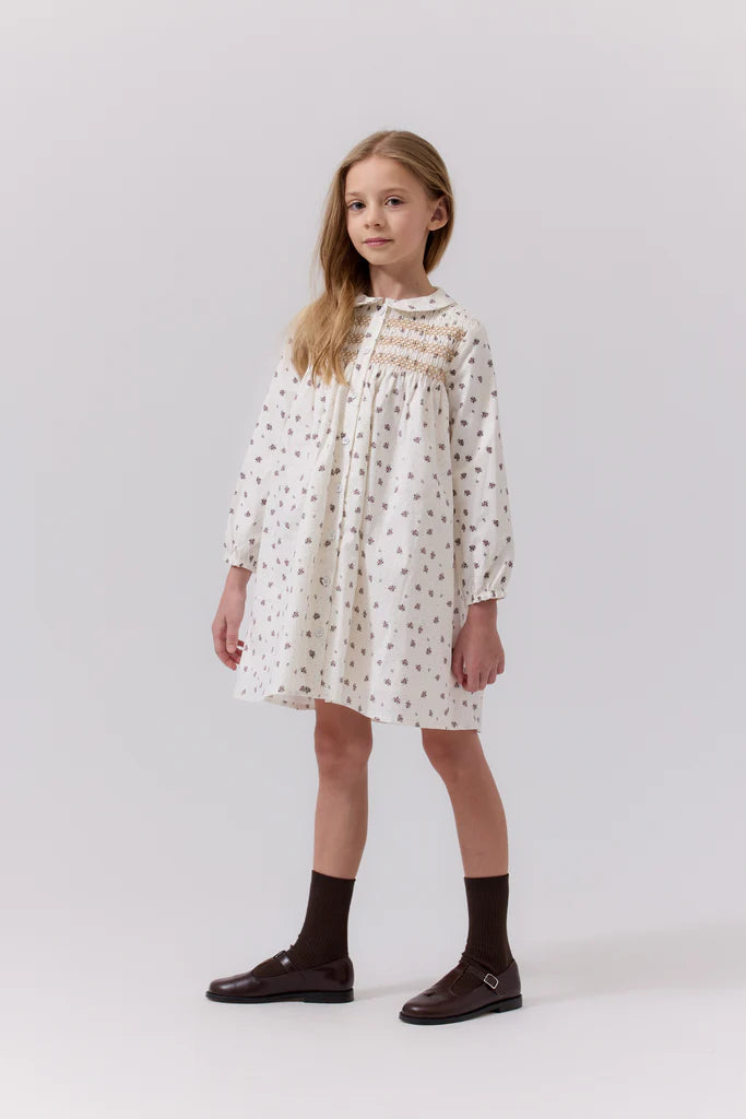 COTTIER IVORY/VOILET FLORAL SMOCKED DRESS