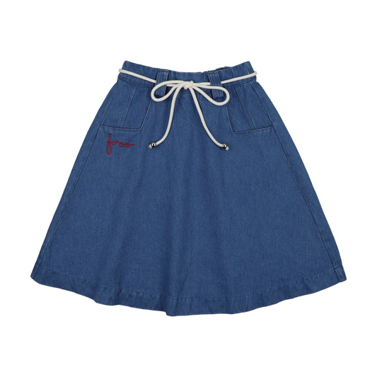 FROO STYLE BLUE DENIM WASH WORDED ROPE SKIRT