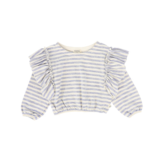 MY LITTE COZMO BLUE/ECRU STRIPED RUFFLE TRIM TOP