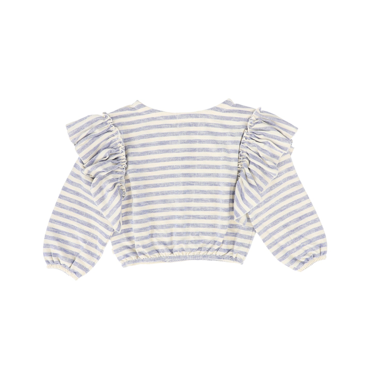 MY LITTE COZMO BLUE/ECRU STRIPED RUFFLE TRIM TOP