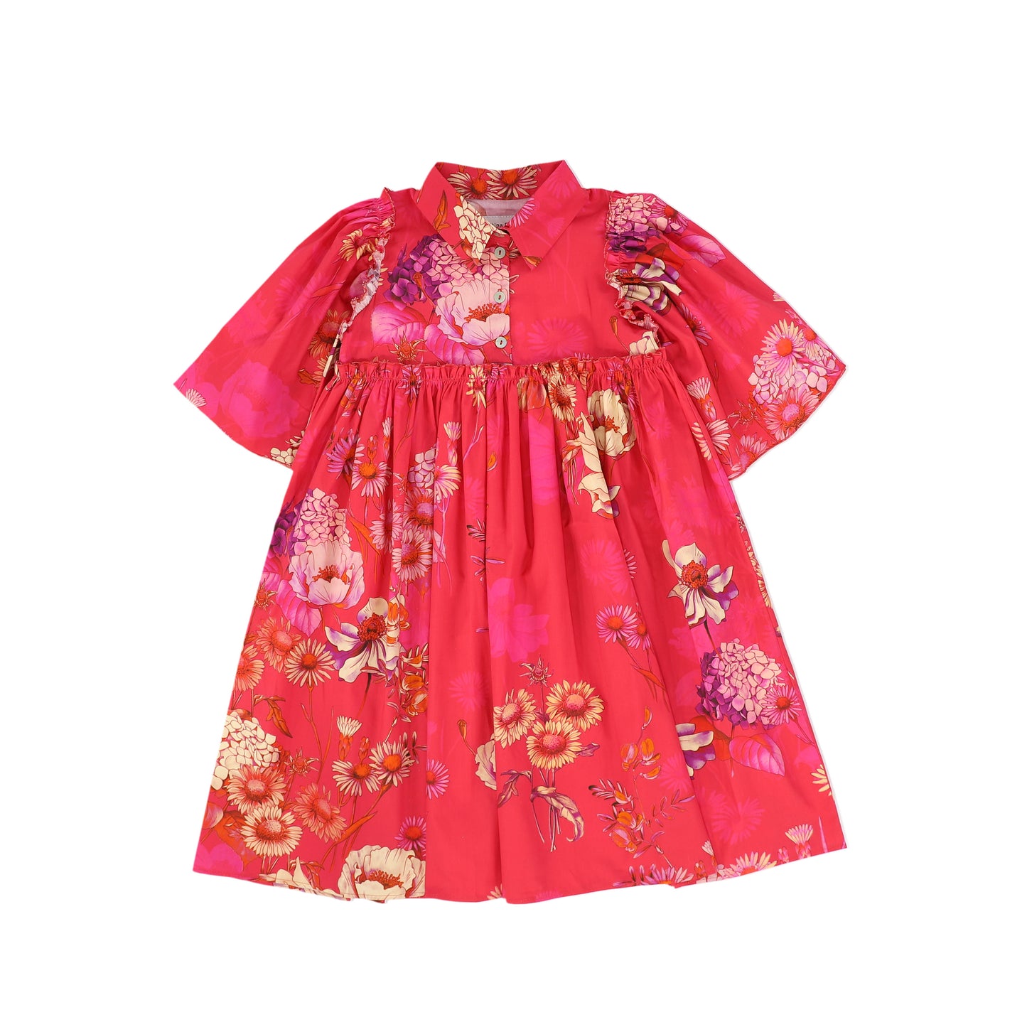 CHRISTINA ROHDE HOT PINK FLORAL FLUTTER SLEEVE DRESS