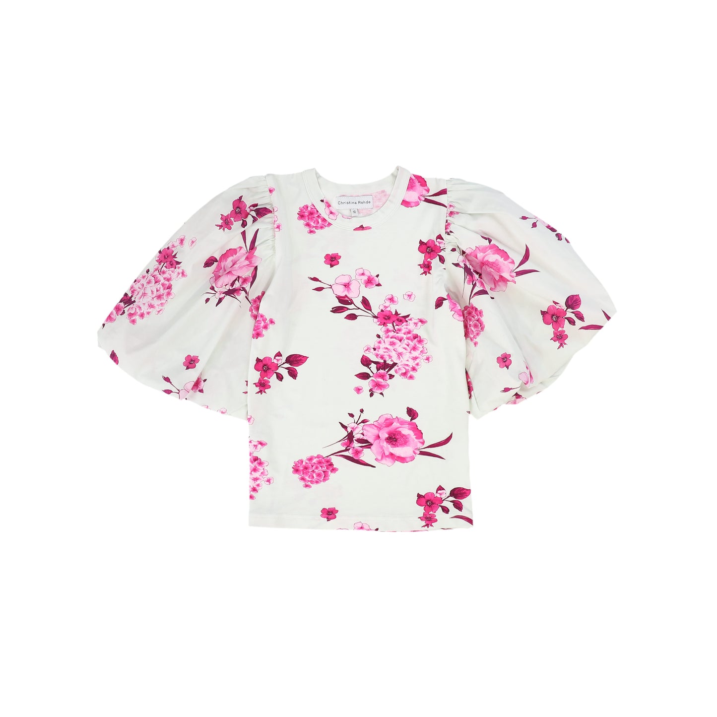 CHRISTINA ROHDE WHITE/PINK FLORAL BRANCH PUFF SLEEVE TOP