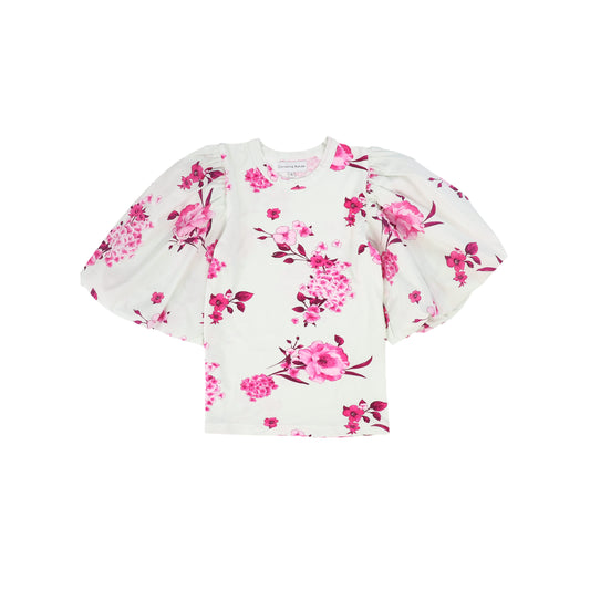 CHRISTINA ROHDE WHITE/PINK FLORAL BRANCH PUFF SLEEVE TOP