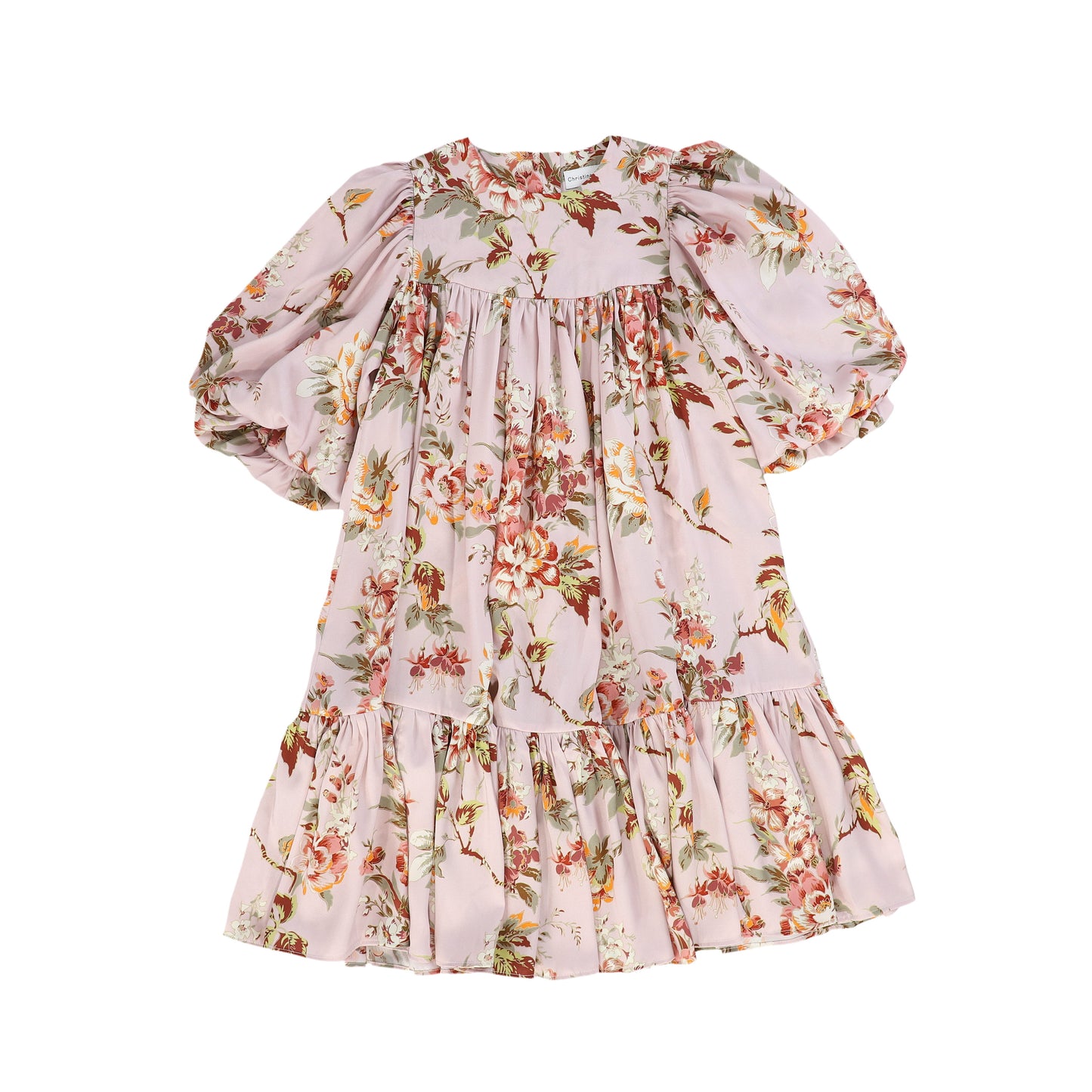 CHRISTINA ROHDE LIGHT PINK FLORAL PUFF SLEEVE SILK DRESS