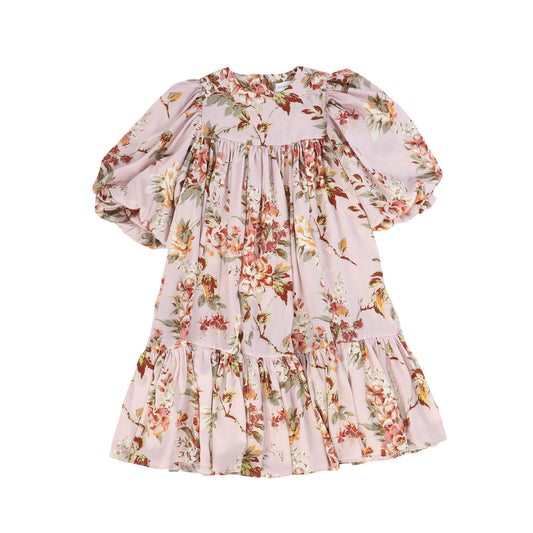 CHRISTINA ROHDE LIGHT PINK FLORAL PUFF SLEEVE SILK DRESS