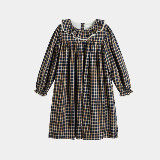 CERA UNA VOLTA NAVY CHECKED RUFFLE COLLAR DRESS