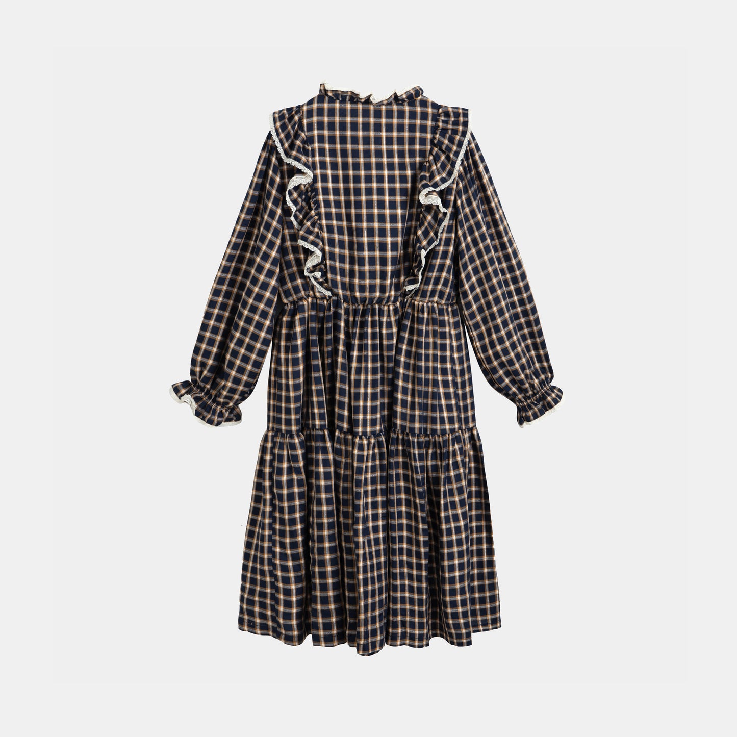 CERA UNA VOLTA NAVY CHECKED RUFFLE TRIM DRESS