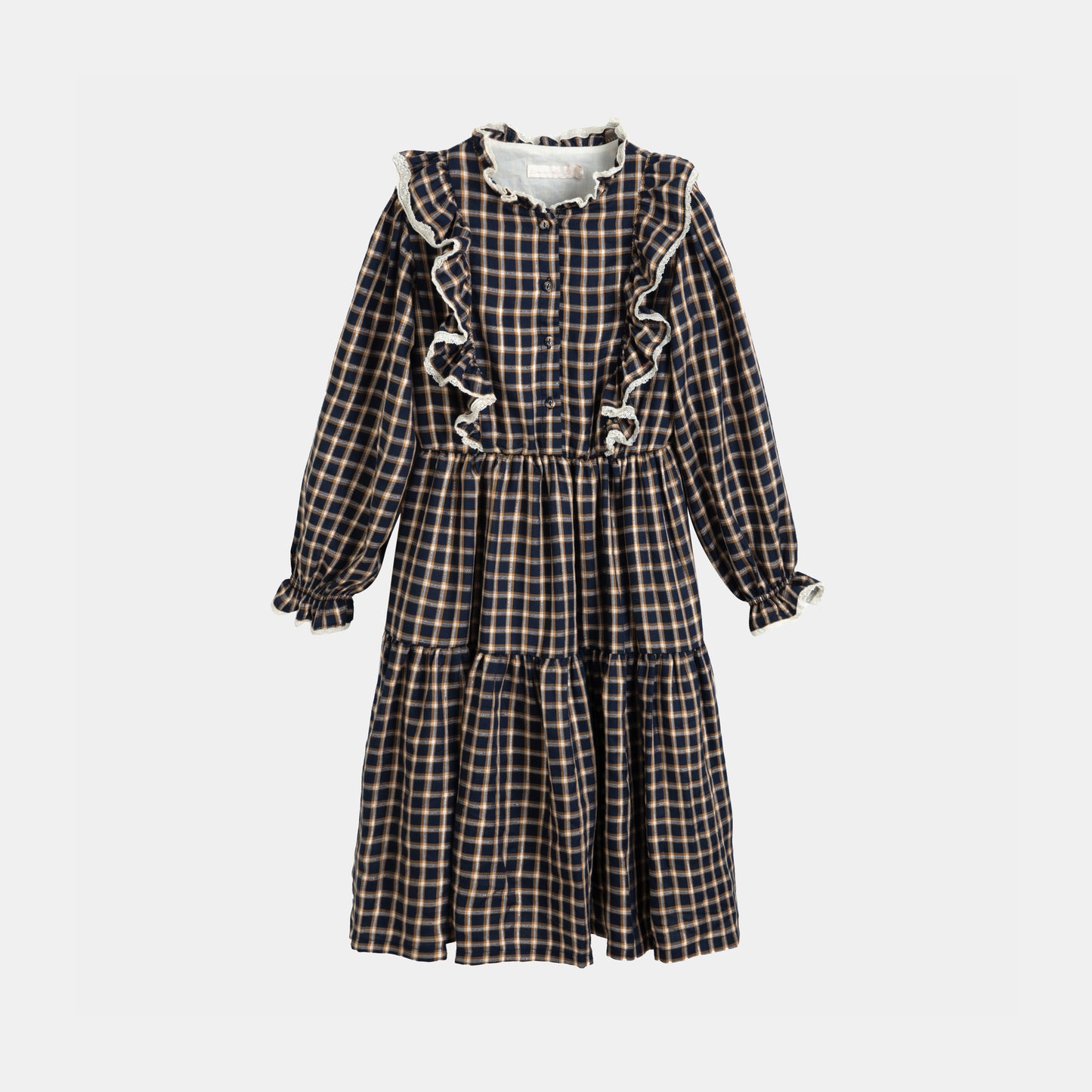 CERA UNA VOLTA NAVY CHECKED RUFFLE TRIM DRESS