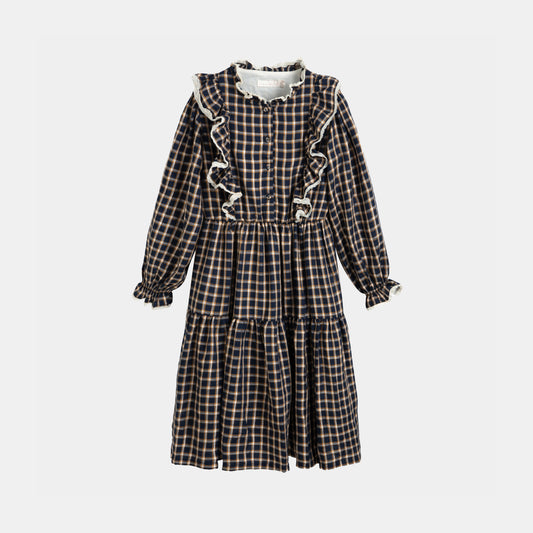 CERA UNA VOLTA NAVY CHECKED RUFFLE TRIM DRESS