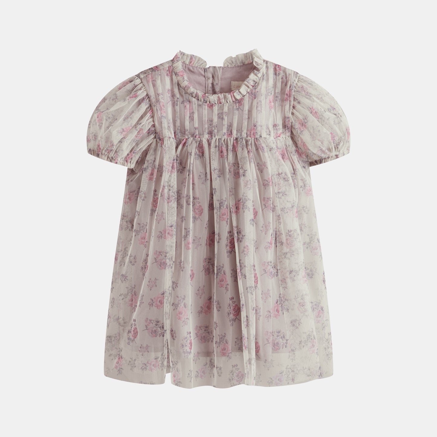 CERA UNA VOLTA PALE PINK TULLE ROSE PRINT PUFF SLEEVE DRESS