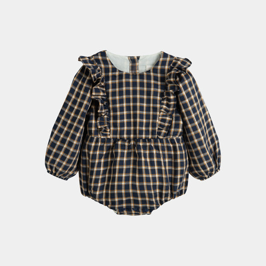 CERA UNA VOLTA NAVY CHECKED RUFFLE TRIM ROMPER