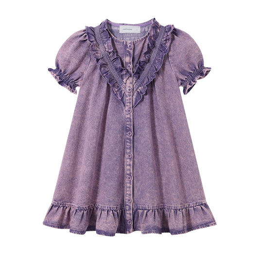 LIMONANA PURPLE WASH RUFFLE TRIM DRESS