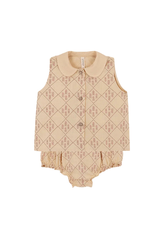 BIRINIT PETIT BEIGE CHECKED COLLAR BLOOMER SET