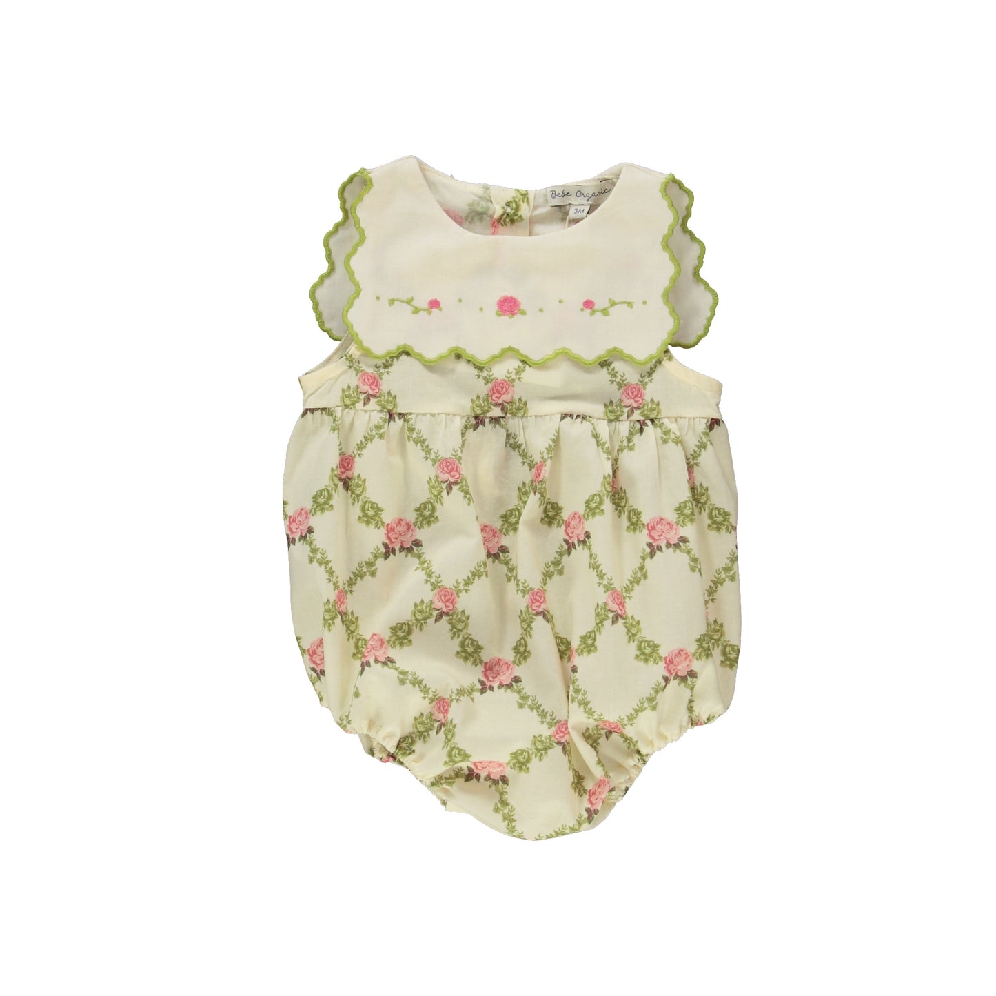 BEBE ORGANIC BIEGE/GREEN ROSE PRINTED ROMPER