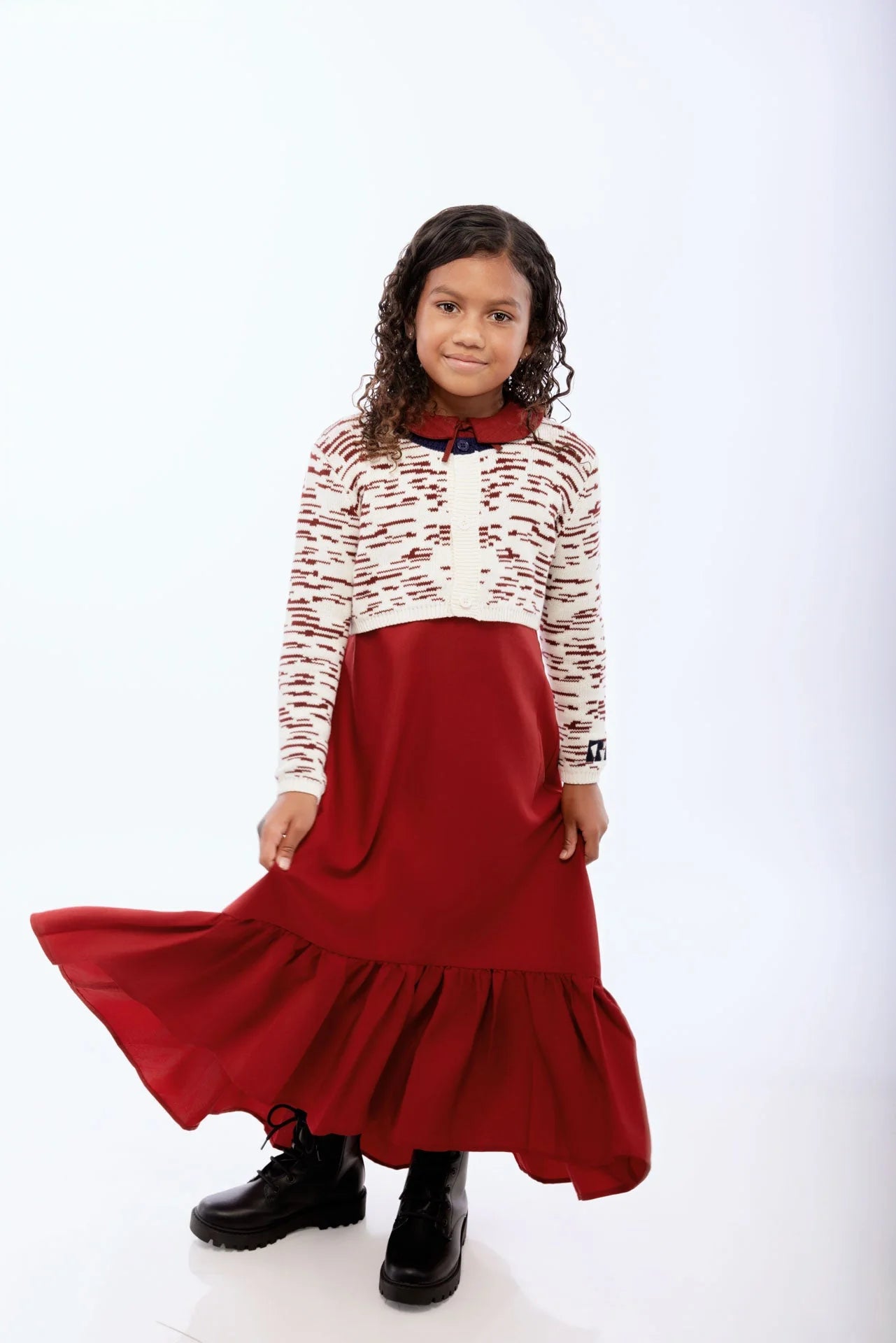 RETRO KID CREAM/BURGUNDY CHUNKY KNIT CROP CARDIGAN