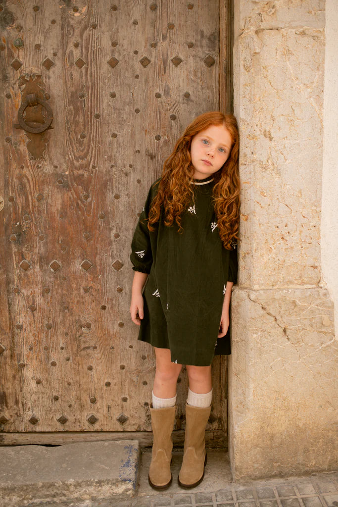 ORANGE DIMANCHE GREEN CORDUROY EMBROIDERED DRESS
