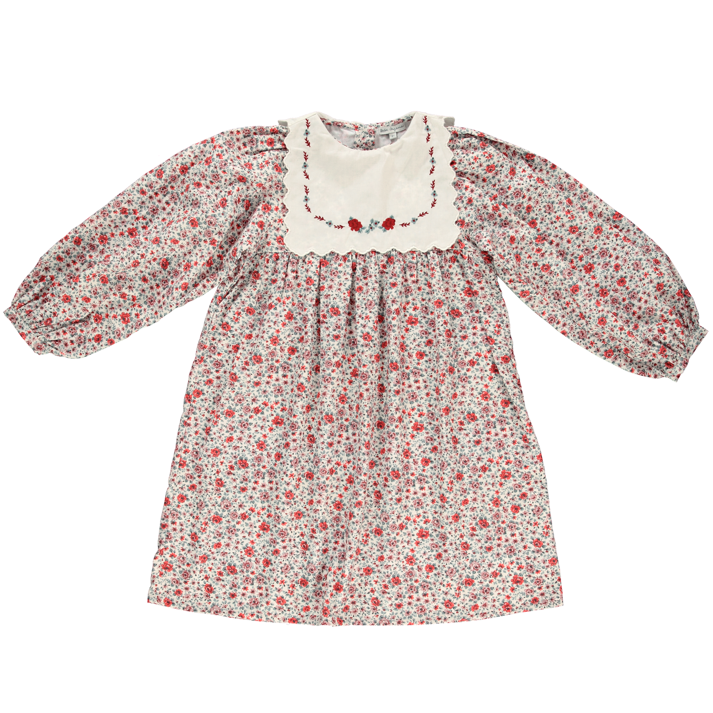 BEBE ORGANIC RED FLORAL EMBROIDERED BIB DRESS