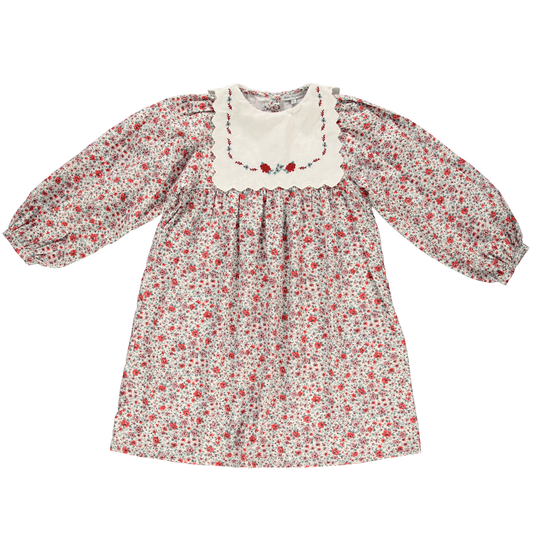 BEBE ORGANIC RED FLORAL EMBROIDERED BIB DRESS