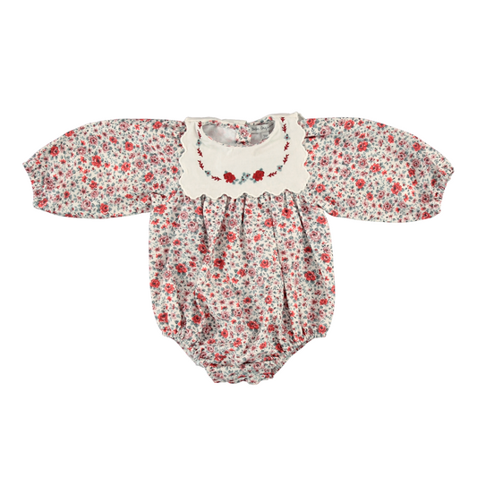 BEBE ORGANIC RED FLORAL EMBROIDERED BIB ROMPER