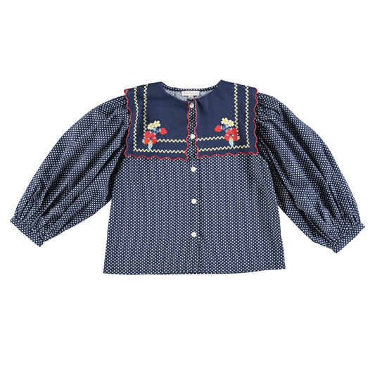 BEBE ORGANIC MIDNIGHT BLUE POLKA DOT EMBROIDERED BIB BLOUSE