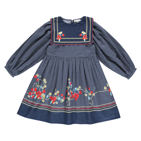 BEBE ORGANIC MIDNIGHT BLUE POLKA DOT EMBROIDERED BIB DRESS