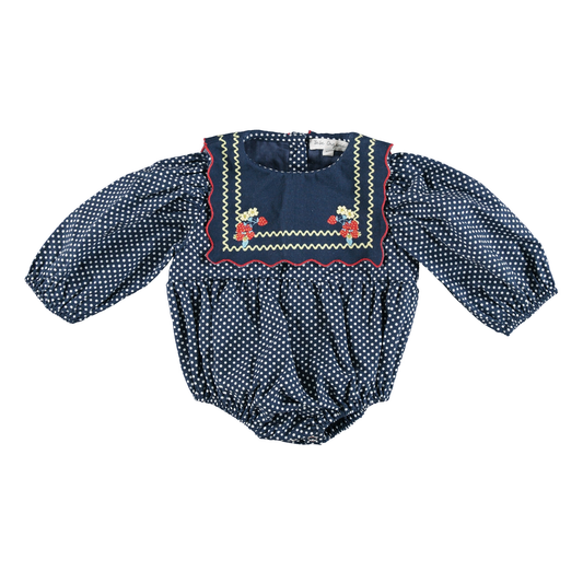 BEBE ORGANIC MIDNIGHT BLUE POLKA DOT EMBROIDERED BIB ROMPER