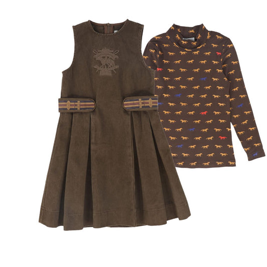 BACE COLLECTION BROWN DENIM EMBROIDERED PLEAT JUMPER SET