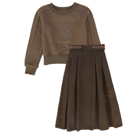 BACE COLLECTION BROWN DENIM EMBROIDERED PLEAT SKIRT SET