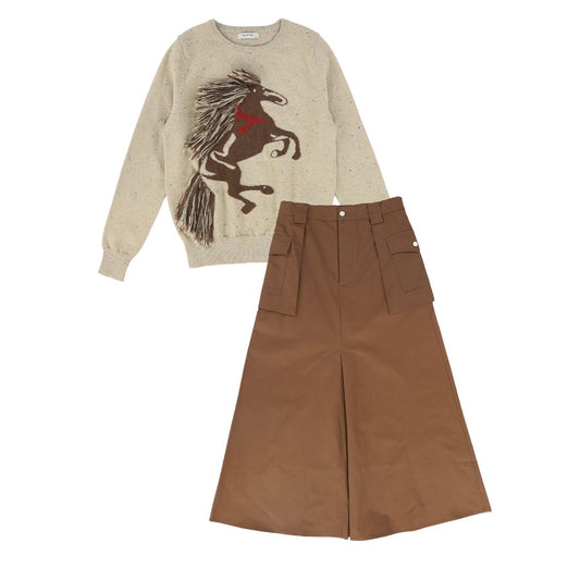 VALENTINA BEIGE FRINGE HORSE SWEATER SET