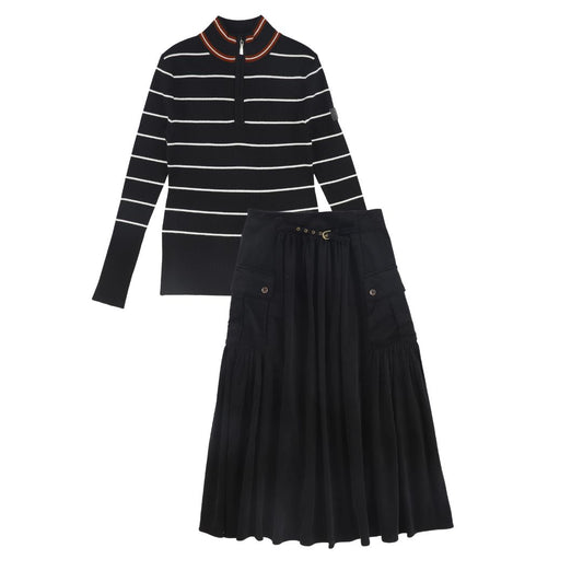 VALENTINA BLACK STRIPE HALF ZIP TURTLENECK SWEATER SET