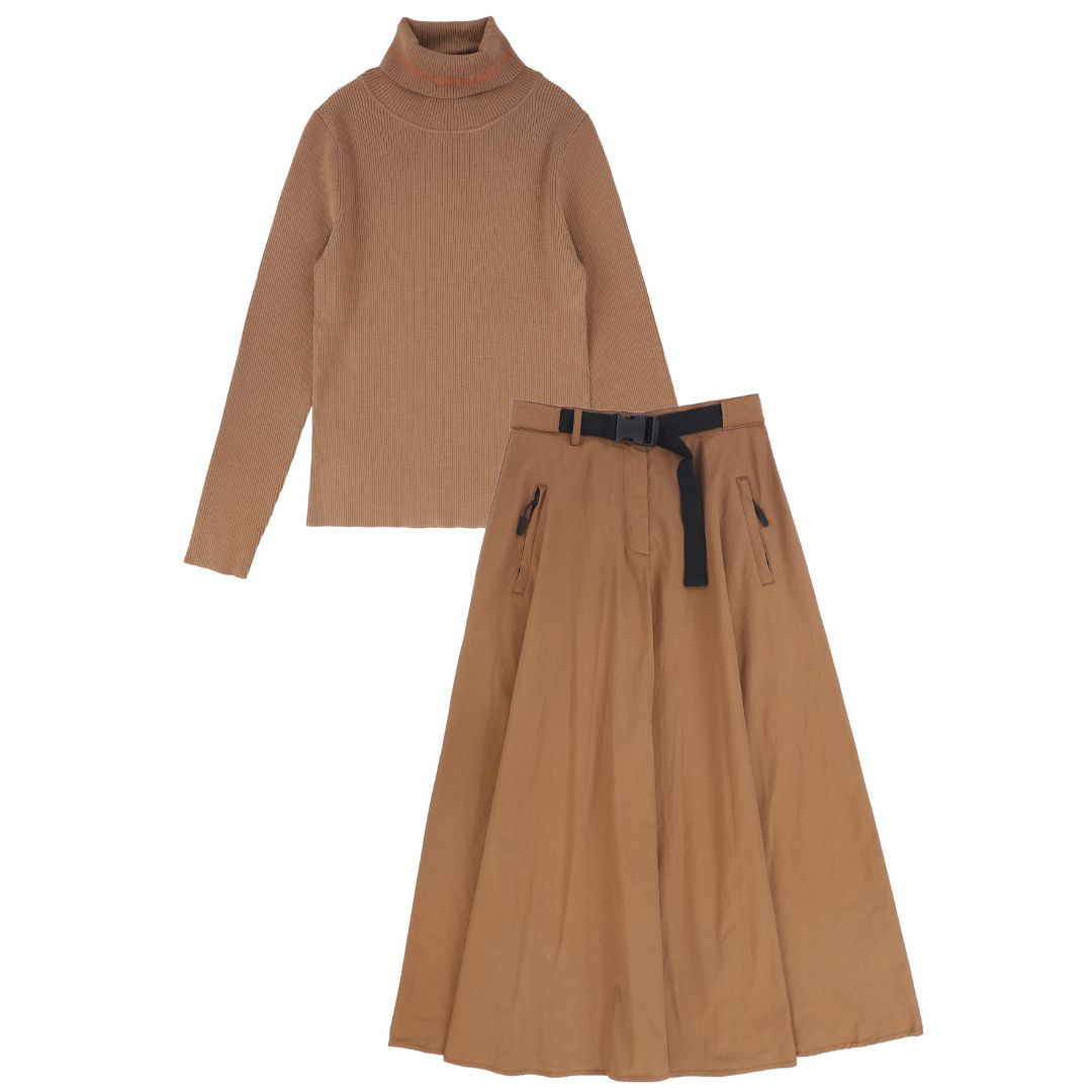 VALENTINA CAMEL BELT WAISTED MIDI SKIRT SET
