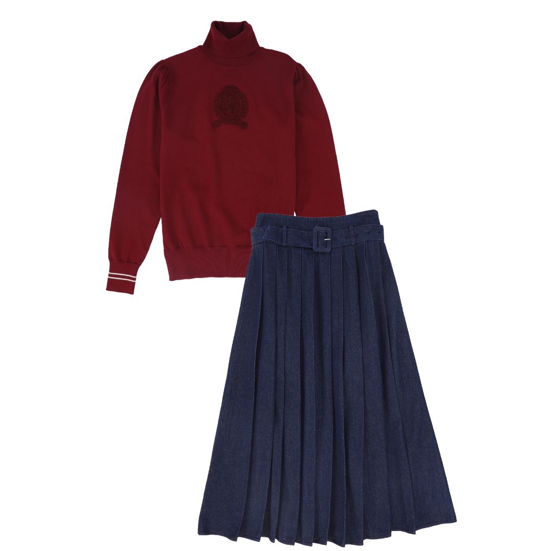 VALENTINA BLUE DENIM BUCKLE PLEATED SKIRT SET