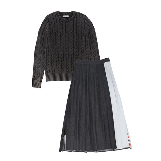 VALENTINA BLACK MIX DENIM PLEATED SKIRT SET