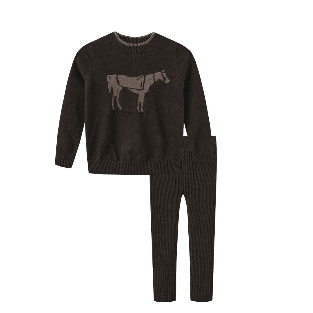 HARPER JAMES BROWN HORSE PATCH KNIT SWEATER SET