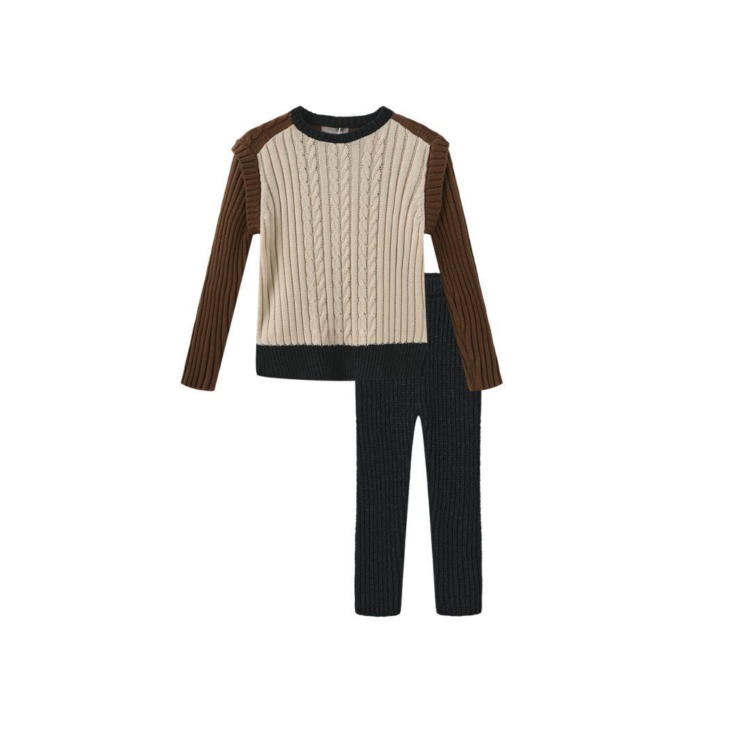 ONE CHILD CREAM COLOR BLOCK CABLE KNIT SWEATER SET