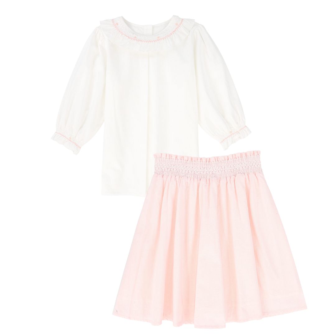 BAMBOO WHITE/PINK SMOCKED BLOUSE SET